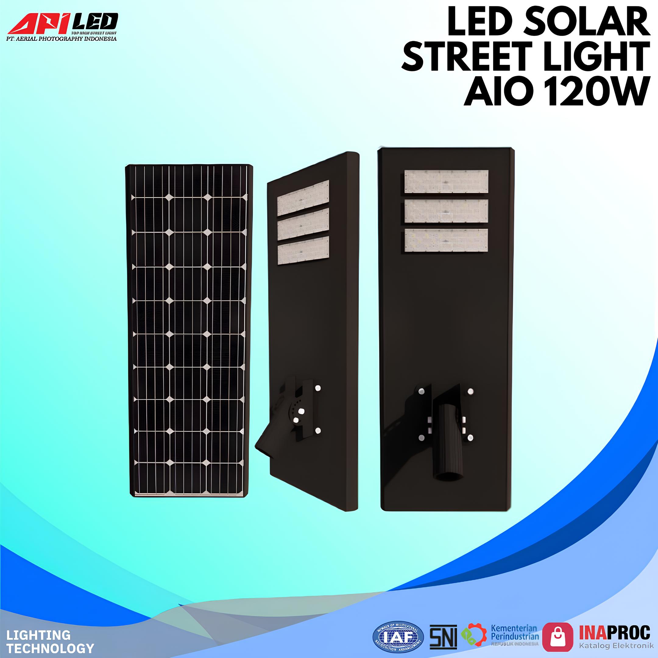 AIO LED SOLAR STREET LIGHT PJU : AL-SSL-AIO-256002 - Lampu PJU AL-SSL-AIO-256001 ALL IN ONE ini dilengkapi chip LED Lumiled by Philips SMD7070 yang mampu menghasilkan cahaya efisien hingga 180 LM/W ±5% dengan pilihan warna 3000K hingga 6500K dan indeks rendering warna (CRI) Ra > 70/80. Dirancang dengan bahan aluminium alloy, lensa PC, dan kaca, lampu ini memiliki diameter tiang Ø60mm dan dapat beroperasi dalam suhu -30°C hingga +50°C dengan sudut pencahayaan 60x140°. Mengandalkan tenaga surya melalui panel bertegangan 18-24V dengan daya 100W dan didukung baterai LifePo4 berkapasitas 50AH 12.8V, lampu ini mampu bertahan hingga 100.000 jam dengan waktu pengisian 5-7 jam. Memiliki perlindungan IP66 terhadap debu dan air serta ketahanan benturan IK08, lampu ini cocok dipasang pada ketinggian 5-7 meter. Selain itu, tersedia opsi tambahan seperti Photocell, PWM, dan Nema Socket (3/5/7 Pin), serta didukung dengan garansi selama 5 tahun untuk memastikan keandalan dan daya tahan jangka panjang.