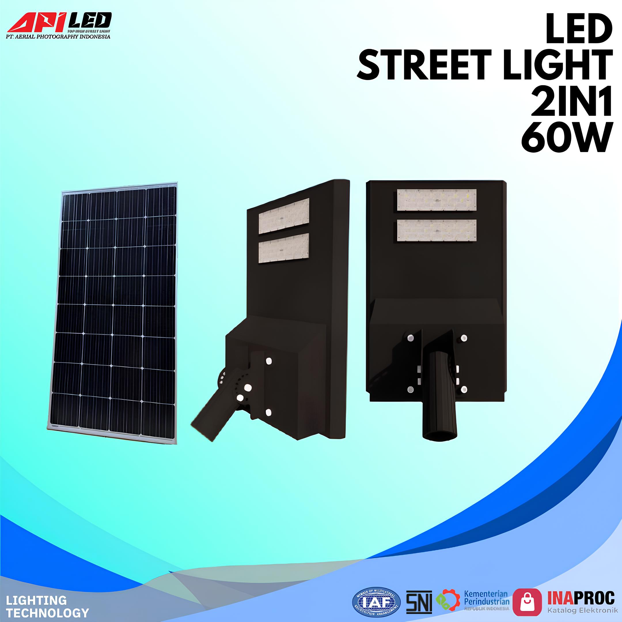 2IN1 LED SOLAR STREET LIGHT PJU-TS : AL-SSL-2IN1 - Lampu LED Street Light model AL-SSL-2IN1 ini menggunakan chip LED Bridgeilux SMD5050 yang mampu menghasilkan cahaya dengan efisiensi 120 Lm/W dan pilihan warna 2700K hingga 6500K dengan indeks rendering warna (CRI) Ra > 70/80. Ditenagai oleh baterai LiFePo4 berkapasitas 12.8V 120Ah yang memiliki siklus hidup hingga 2000 kali pada tingkat efisiensi 80%, lampu ini memanfaatkan solar panel berdaya 200WP untuk pengisian daya yang dikendalikan oleh kontroler MPPT dengan arus maksimal 15A. Desain bodi terbuat dari bahan ADC Die-Cast Aluminium berwarna abu-abu yang kokoh dan tahan lama, dilengkapi dengan perlindungan IP65 untuk komponen internal serta IP66 untuk lampu, serta ketahanan benturan IK08. Dengan faktor daya > 0.95 dan masa pakai hingga 100.000 jam, lampu ini dirancang untuk memberikan pencahayaan yang andal dan efisien, didukung dengan garansi selama 5 tahun.
