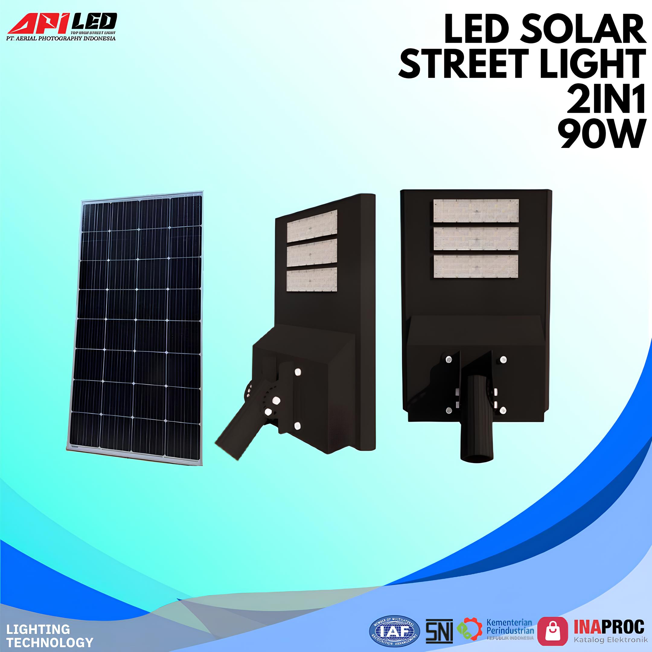 2IN1 LED SOLAR STREET LIGHT PJU-TS : AL-SSL-2IN1-2 - Lampu LED Street Light model AL-SSL-2IN1 ini menggunakan chip LED Bridgeilux SMD5050 yang mampu menghasilkan cahaya dengan efisiensi 120 Lm/W dan pilihan warna 2700K hingga 6500K dengan indeks rendering warna (CRI) Ra > 70/80. Ditenagai oleh baterai LiFePo4 berkapasitas 12.8V 120Ah yang memiliki siklus hidup hingga 2000 kali pada tingkat efisiensi 80%, lampu ini memanfaatkan solar panel berdaya 200WP untuk pengisian daya yang dikendalikan oleh kontroler MPPT dengan arus maksimal 15A. Desain bodi terbuat dari bahan ADC Die-Cast Aluminium berwarna abu-abu yang kokoh dan tahan lama, dilengkapi dengan perlindungan IP65 untuk komponen internal serta IP66 untuk lampu, serta ketahanan benturan IK08. Dengan faktor daya > 0.95 dan masa pakai hingga 100.000 jam, lampu ini dirancang untuk memberikan pencahayaan yang andal dan efisien, didukung dengan garansi selama 5 tahun.